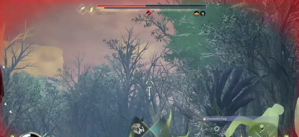 A red-tinted forest canopy during the Corvus fight in Beast of Reincarnation, the boss off-screen, health bar reading Lv. 38 Corvus