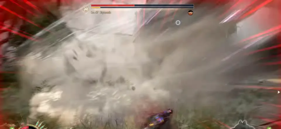 A dust cloud and red attack trails during the Erymanth fight in Beast of Reincarnation, health bar reading Lv. 47 Erymanth