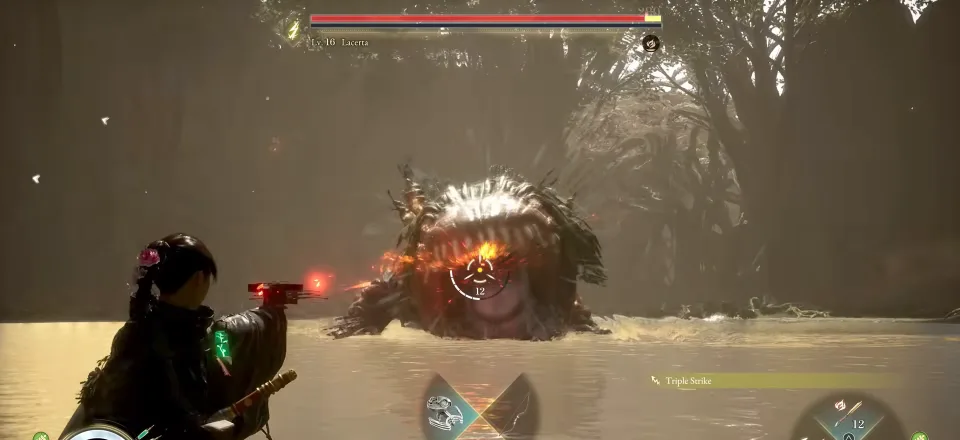 A large lizard-like Nushi rising out of shallow water in Beast of Reincarnation, its health bar reading Lv. 16 Lacerta