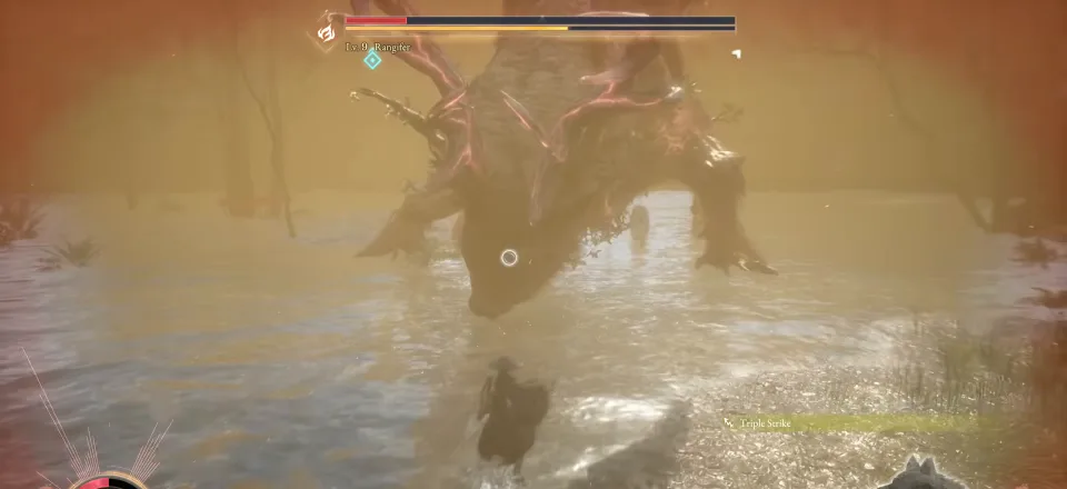 The first boss of Beast of Reincarnation, a large antlered stag-like Nushi standing in shallow water, its health bar reading Lv. 9 Rangifer
