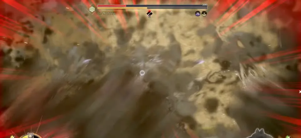 A dust explosion filling the screen during the Taurus fight in Beast of Reincarnation, with the health bar reading Lv. 20 Taurus