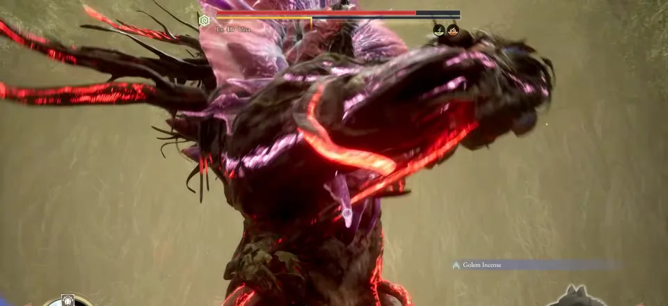 A huge bear-like Nushi wreathed in red light towering over the camera in Beast of Reincarnation, health bar reading Lv. 46 Ursa
