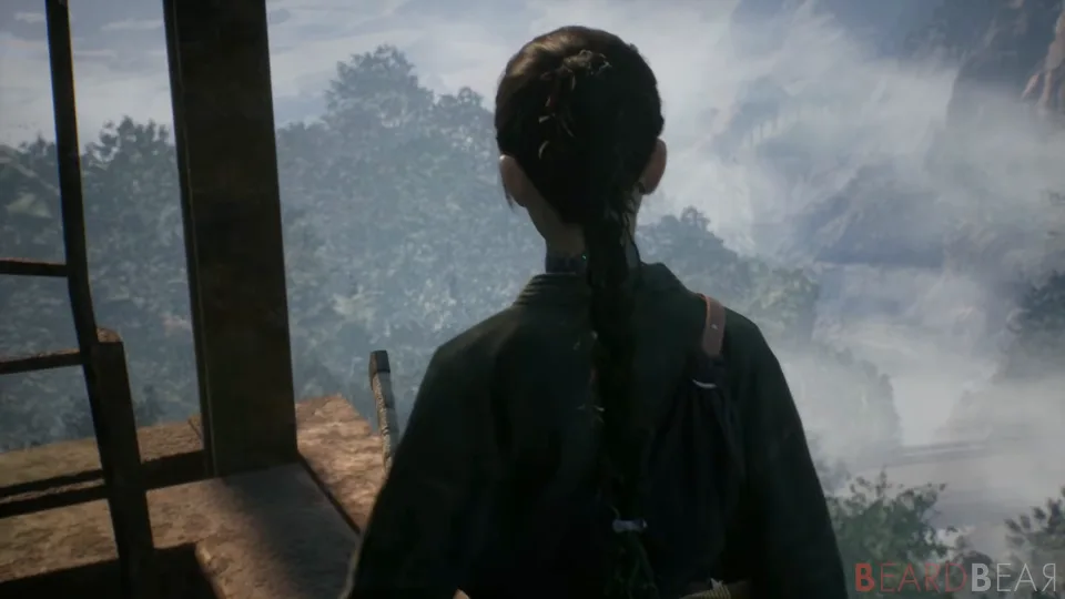 The player character seen from behind on a wooden platform, looking out over a misted valley.