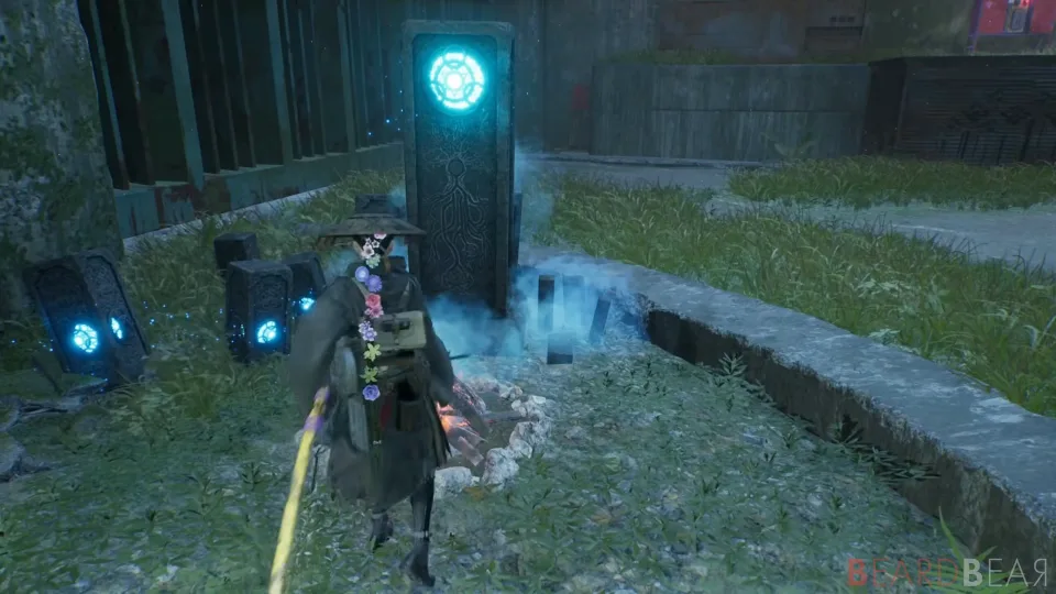 The player character holding a glowing blade before a doorway marked with a lit cyan emblem, blue lights on wet stone.