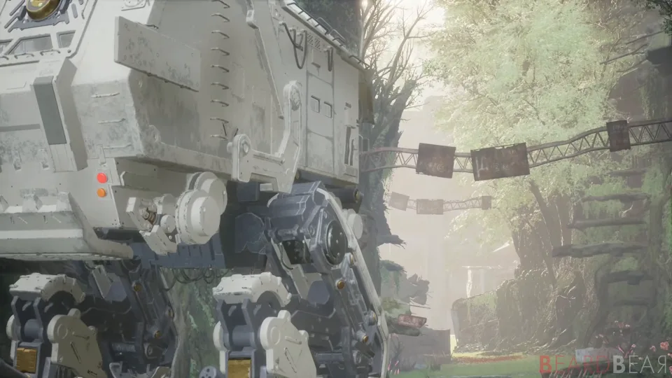 A large white walking machine standing among tall trees, with a rusted footbridge behind it.