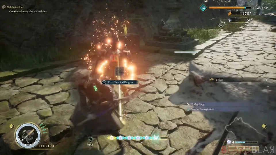 Combat on a stone-paved path beside a low wall, sparks thrown off a struck enemy, health bars on screen.