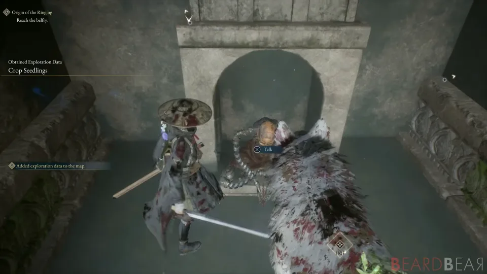 The player character fighting a large pale creature beneath a stone archway over shallow water.