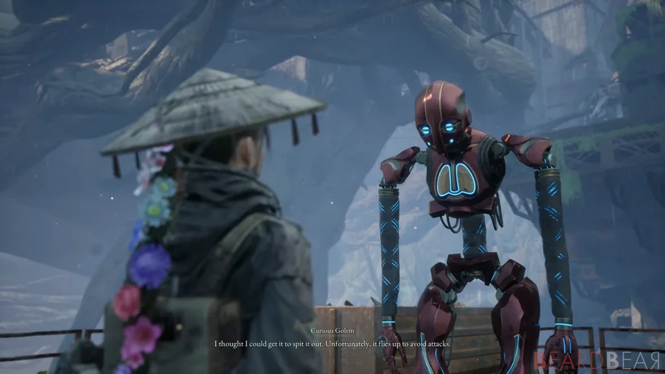 A hooded character in a flowered conical hat facing a tall red and white machine with a lit face panel, dialogue on screen.