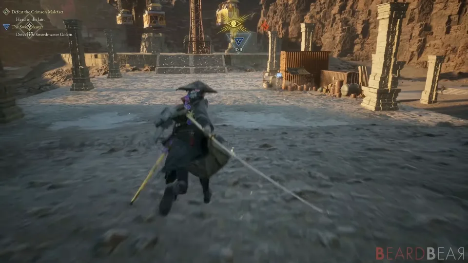The player character running with a drawn sword across pale open ground past wooden scaffolding and hanging lanterns.