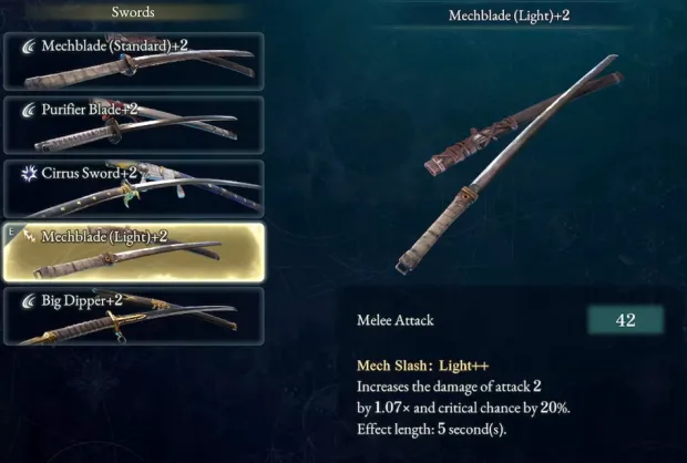 Beast of Reincarnation の武器パネル。Mechblade (Light)+2 の近接攻撃力 42 と、Mech Slash: Light++ のパッシブ説明が映っている