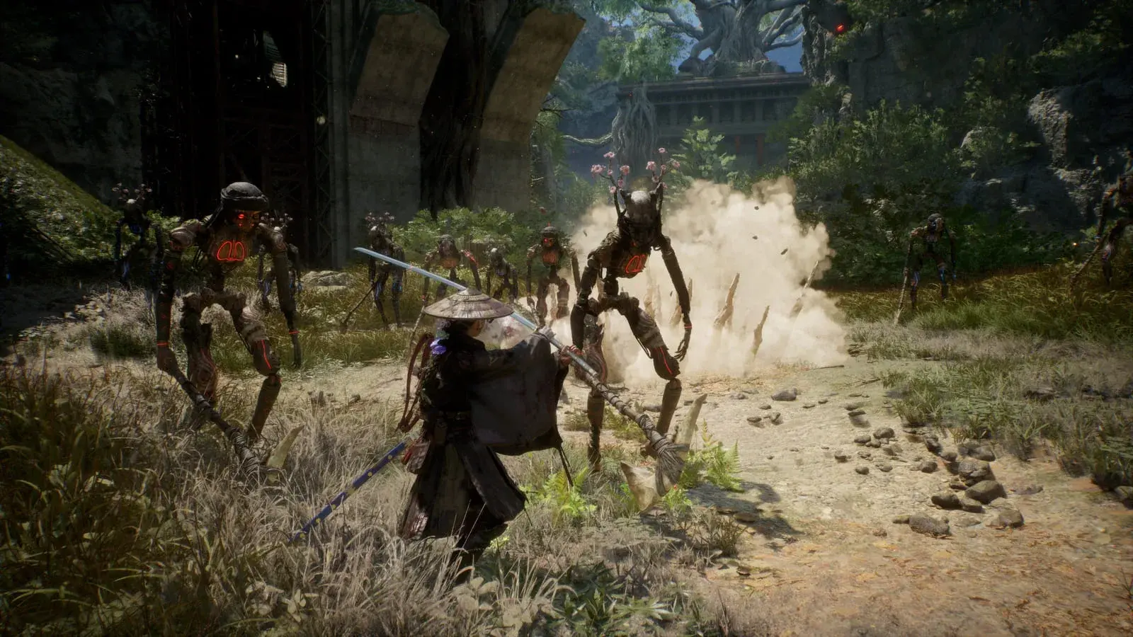 Emma mid-swing against a group of long-limbed machines in an overgrown courtyard